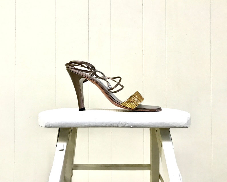 Vintage 1970s David Evins High Heels, 70s Bronze Satin Gold Rhinestone Strappy Naked Sandals, Sexy Ankle Lace-Up Shoes, Size 8 US, VFG image 3