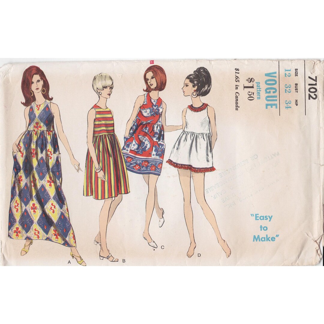 Simplicity 7102 Pattern Vintage 1960s Vogue Sewing Pattern 7102, 1967 Sleeveless High-waisted ...