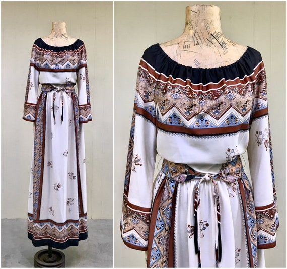 Vintage 1970s Jersey Peasant Maxi Dress, 70s Boho Festival Gown 
