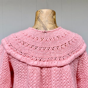 Vintage 1950s Pink Knit Bed Jacket, 50s Acrylic Swing Cardigan, Crochet Folk Sweater, Medium-Large, VFG image 8