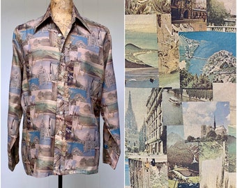 Vintage 1970s Photo Collage Shirt, 70s Long Sleeve Polyester Historic Buildings/Sites of Interest Print, X-Large 48" Chest, VFG