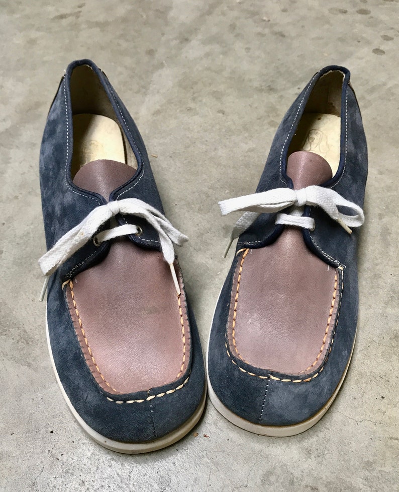 Rubber Sole Oxford Lace-Ups Vintage 1960s Hush Puppies Size 7 US 60s Blue and Beige Faux LeatherSuede Casual Shoes Vegan Walking Shoes