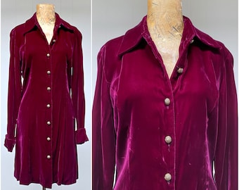 Vintage 1990s Velvet Shirt Dress, Hugo Buscati Red-Violet Princess Seam Party Dress or Duster, 36" Bust, VFG
