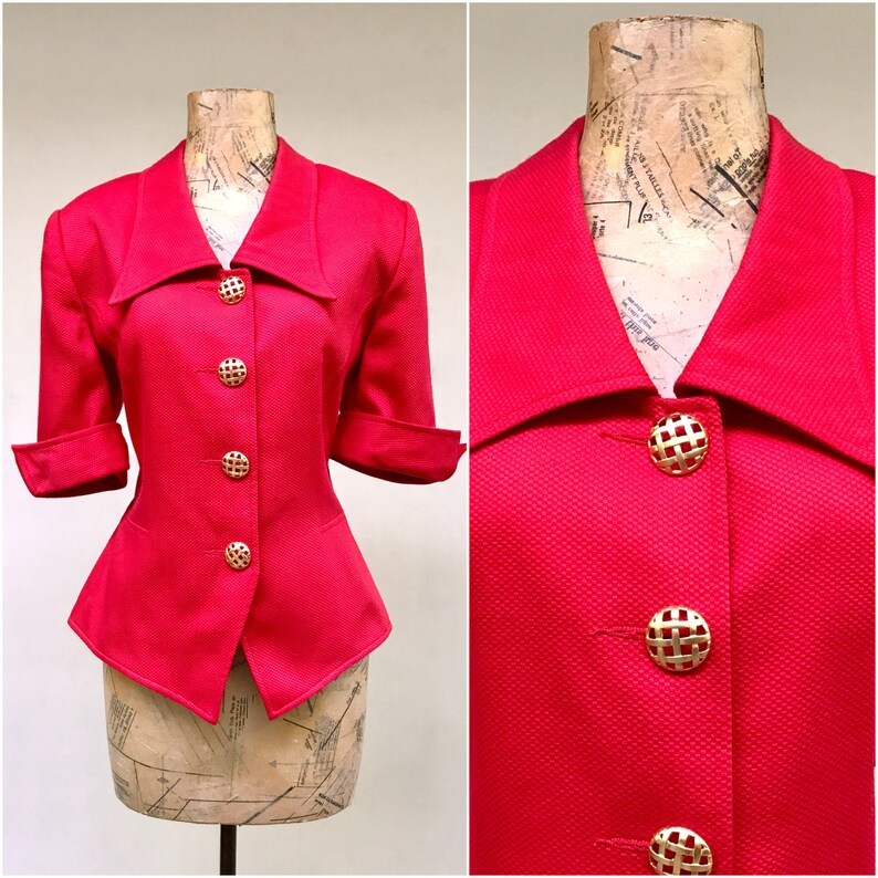 Vintage 1990s Short Sleeve Blazer, Red Cotton Piqué Fitted Hourglass Jacket, Structured I. Magnin Top, Medium 38 Bust, Size 10, VFG image 1