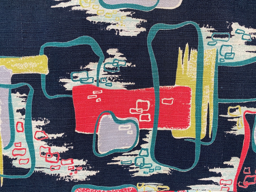Vintage 1950s Atomic Age Barkcloth Curtain Panels, One Pair Black ...