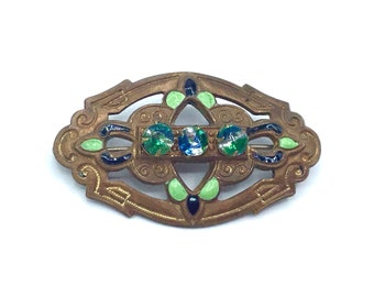 Antique Stamped Metal Brooch, Enameled Edwardian Pin, Late 10s - Early 20s Costume Jewelry, VFG