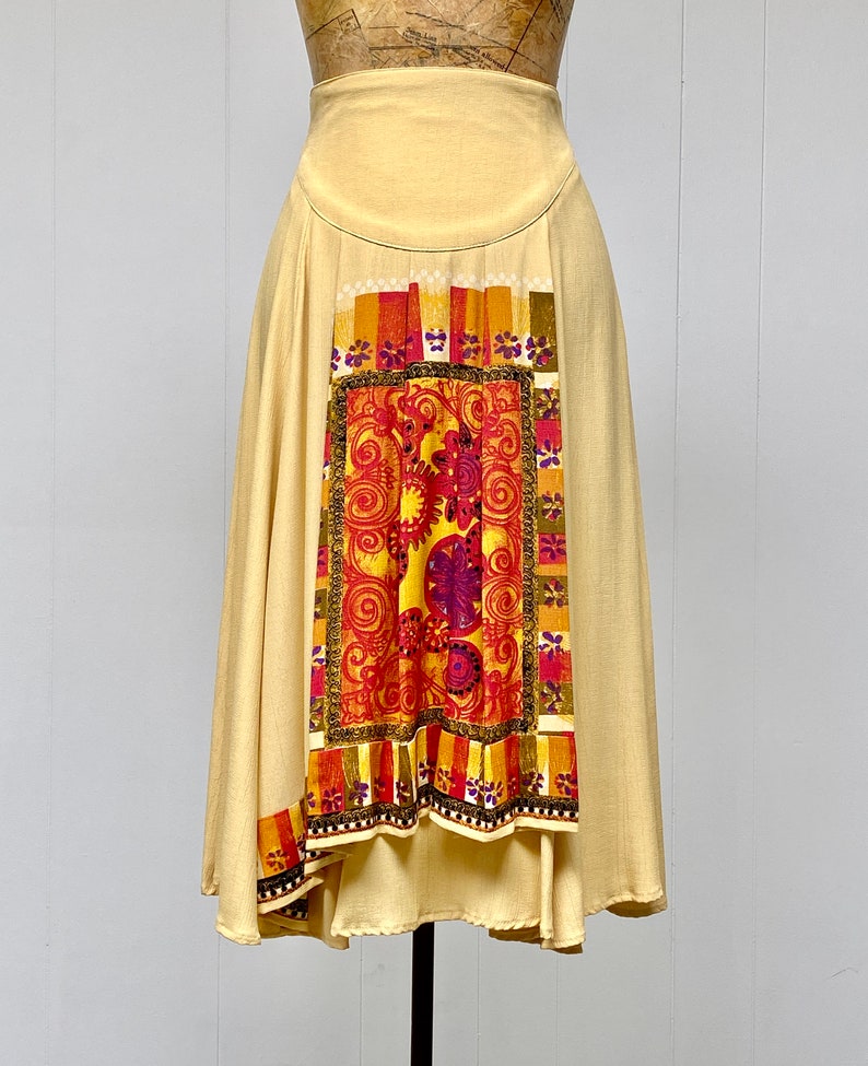 Vintage 1980s Buttercream Rayon Crepe Circle Skirt, 80s New Romantic Faux Wrap Midi, Small 27 Inch Waist, VFG image 6