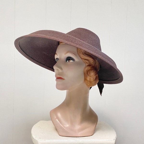 Vintage 1940s Brown Wide Brim Straw Picture Hat, 40s Chocolate Milan Braid New Look Sun Hat, VFG