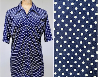 Vintage 1970s Navy and White Polka Dot Disco Shirt, 70s Short Sleeve Polyester Hipster Shirt, Tall XL, 46 Inch Chest, VFG