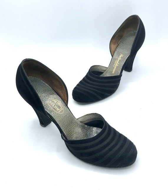 Vintage 1940s Black Suede I. Miller High Heel Pumps, US Size 7A 