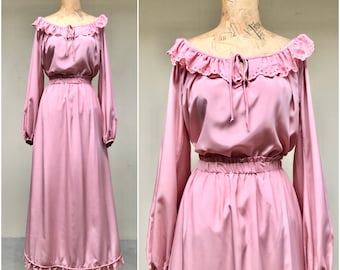 Vintage Chessa Davis Peasant Blouse and Maxi Skirt Set, 1970s Boho Designer Separates, Dusty Rose Raglan Sleeve Gypsy Top, Medium, VFG