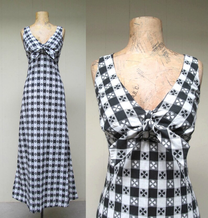 Vintage 1970s Gingham Maxi Dress, 70s Black/White Checkered Tablecloth Print Empire Sun Dress, Medium image 1