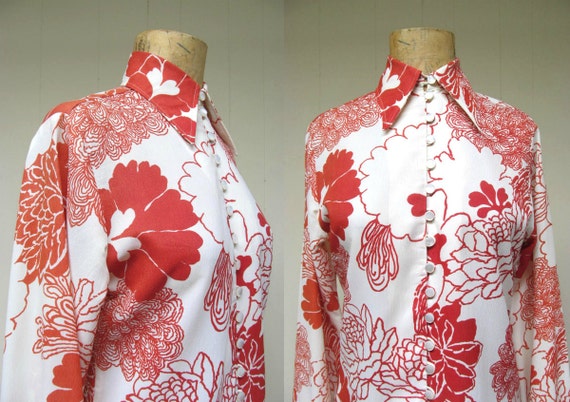 Vintage 1970s Boho Floral Blouse, 70s Ivory Orang… - image 5