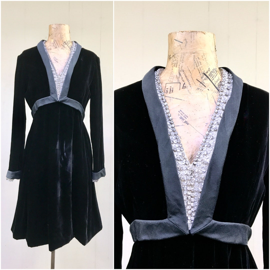 1960s Sequin & Velvet Checked Black Malcolm Starr Dress