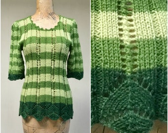 Vintage 1970s Green Striped Hand Knit Sweater, 70s Ribbed Acrylic Short Sleeve Pullover Tunic, Sizes Small to Medium