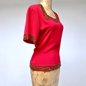 Vintage 1940s Red Rayon Crepe Beaded Blouse, 40s Crimson Short Sleeve Cocktail Top, Small 34 Bust, VFG image 2