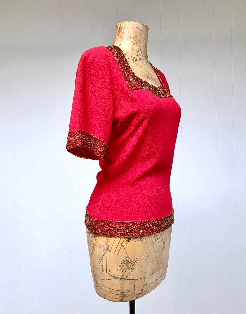 Vintage 1940s Red Rayon Crepe Beaded Blouse, 40s Crimson Short Sleeve Cocktail Top, Small 34 Bust, VFG image 2