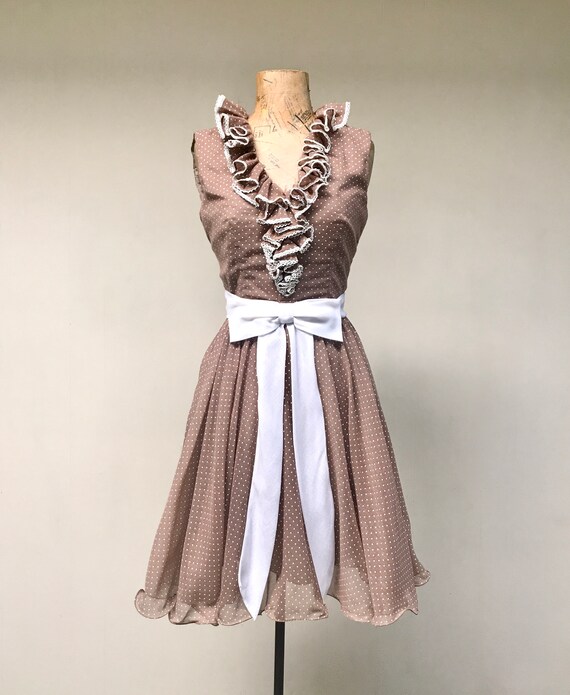 Vintage 1970s Brown Polkadot Dress, 70s Sleeveles… - image 6