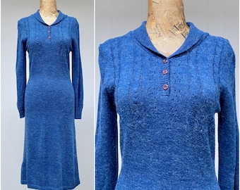 Vintage 1960s Heathered Blue Knit Dress, Long Sleeve Acrylic Pointelle Sweater Dress, Small to Medium, VFG