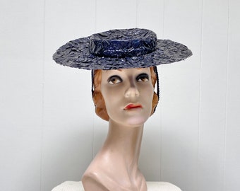 Vintage 1940s Navy Cello Straw Tilt Hat, 40s Blue Mini Pancake Hat with Fabric Back Strap