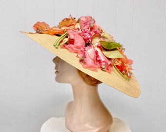 Vintage 1950s Wide Brim Picture Hat, Finely Woven Natural Straw w/Large Silk Flowers, New York Creation by Noreen, Garden Party Wedding