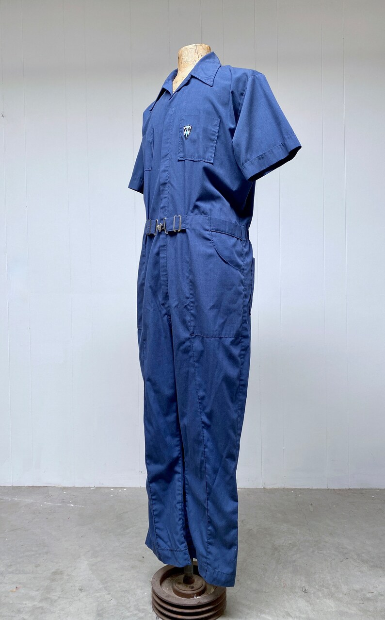 Vintage 1970s Short Sleeve Belted Coveralls, 70s Blue Cotton-Poly Customode Jumpsuit, Utility Work Wear, Leisure Suit, Large 48 Chest, VFG image 3