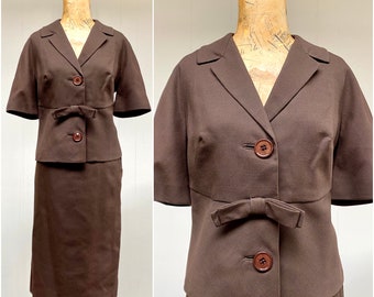 Vintage 1950s 1960s Brown Skirt Suit, 50s 60s Textured Chocolate Rayon 2 Piece Ensemble, Medium