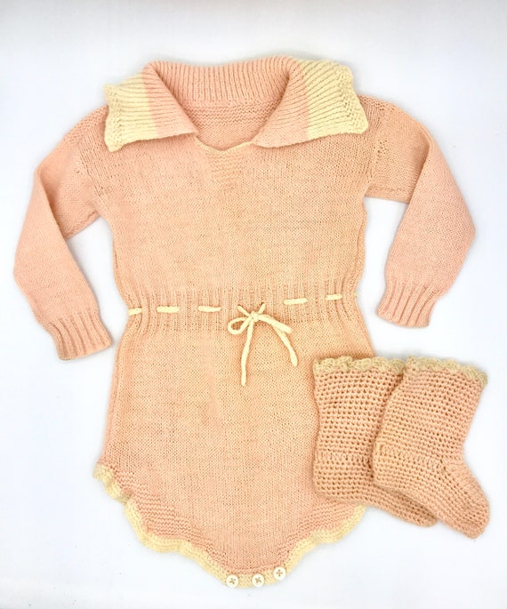 Vintage 1920s 1930s Knit Baby Romper and Booties, 