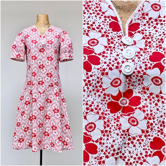 Antique 1920s Red & White Floral Cotton Day Dress… - image 1