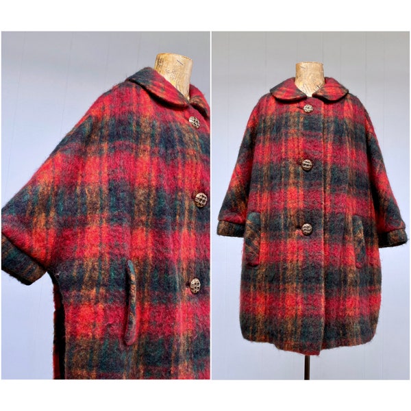 Vintage 1950s Plaid Wool Cape Coat, Halldon Ltd. Casual Mid-Century Red Blanket Travel Coat Woven in Italy, Medium, VFG
