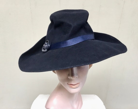 Vintage 1930s 1940s Navy Wool Felt Fedora, Pinched
