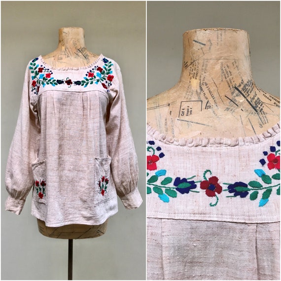 Vintage 1960s Mexican Peasant Top, Floral Embroid… - image 1