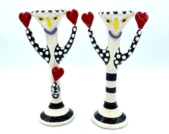 Vintage 1980s Artist Susie Ketchum Porcelain Candlesticks, 2 Whimsical Handmade Ceramic Candle Holders, New Wave Home Decor