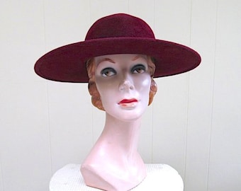 Vintage 1970s Yves Saint Laurent Wide Brim Hat, 70s YSL Maroon Wool Couture Designer Felt Topper, VFG