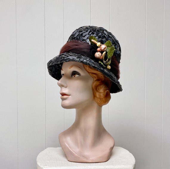 Vintage 1960s Mod Black Cello Straw Bubble Hat wi… - image 1