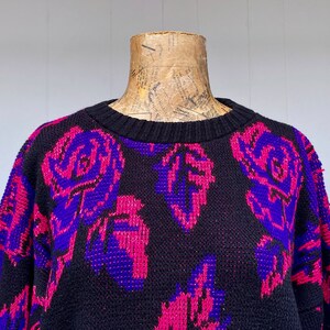 Vintage 1980s Slouchy Dark Floral Sweater, Black Pink Purple Metallic Roses Pullover, New Wave Acrylic Novelty Knit, 44 Bust Medium, VFG image 7