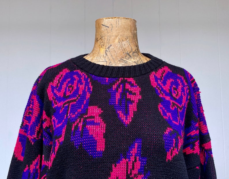 Vintage 1980s Slouchy Dark Floral Sweater, Black Pink Purple Metallic Roses Pullover, New Wave Acrylic Novelty Knit, 44 Bust Medium, VFG image 7