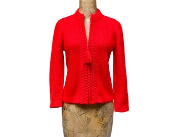 Vintage 1960s Red Acrylic Zippered Cardigan, 60s Sweater, Mid-Century Knit, Small-Medium 36" Bust, VFG