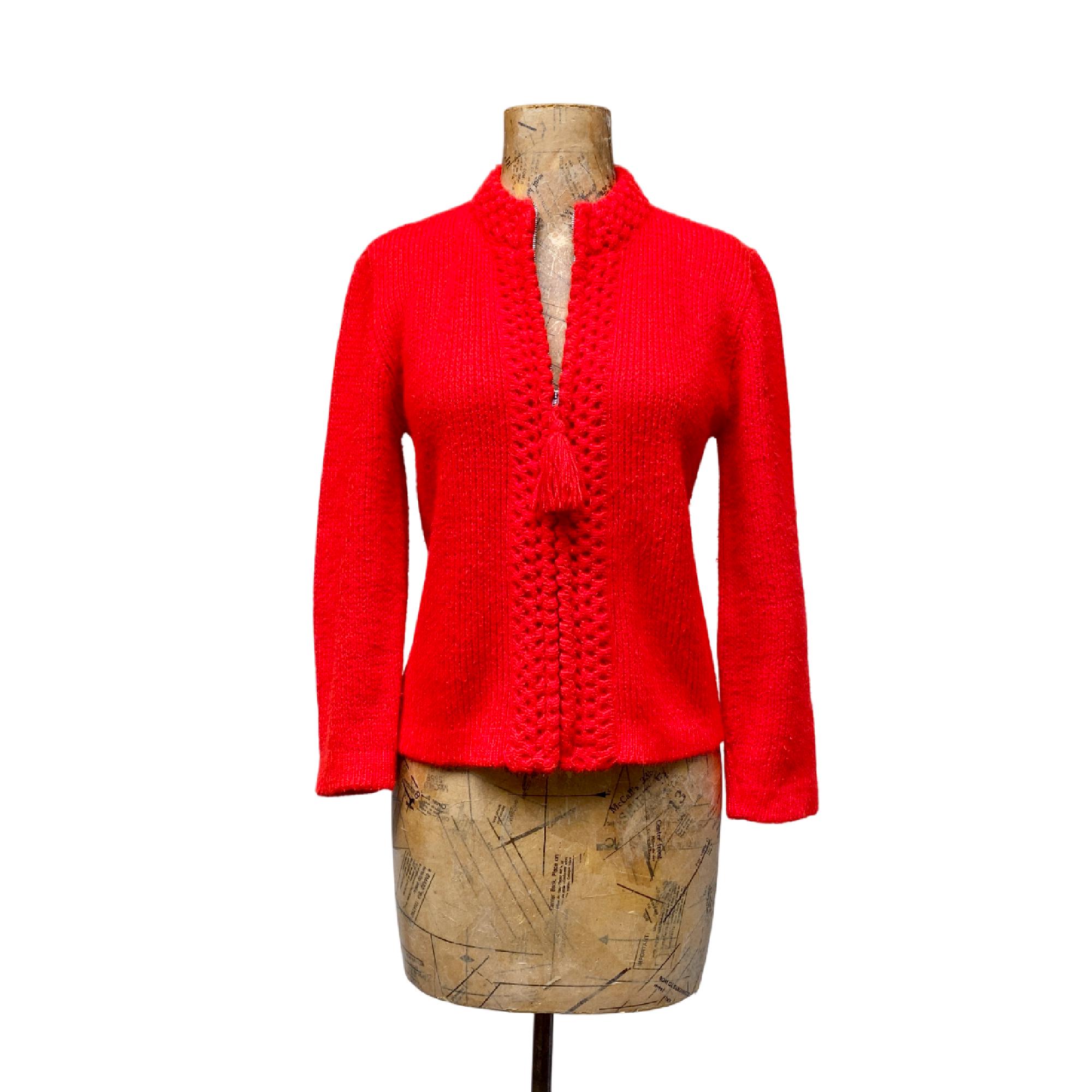 Vintage 1960s Red Acrylic Zippered Cardigan, 60s Sweater