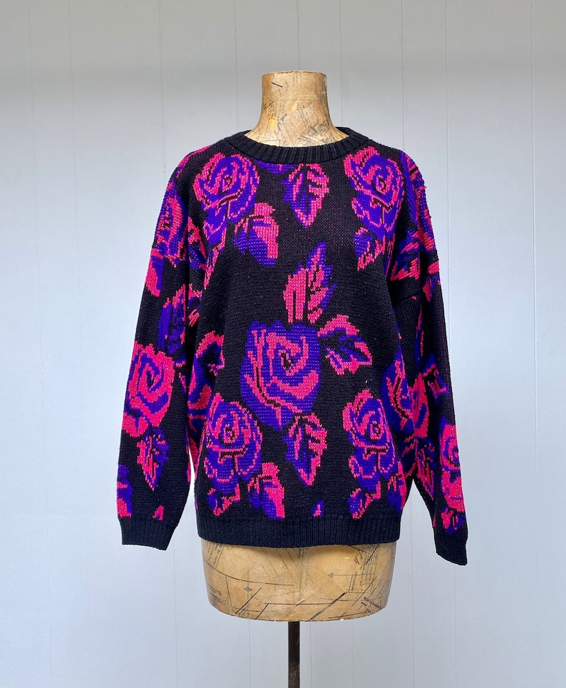Vintage 1980s Slouchy Dark Floral Sweater, Black Pink Purple Metallic Roses Pullover, New Wave Acrylic Novelty Knit, 44 Bust Medium, VFG image 1