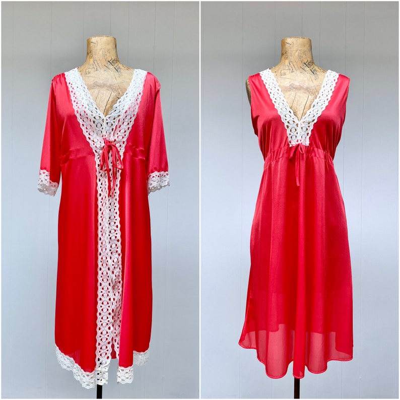 Vintage 1960s Mod Peignoir Set, Mid-Century Coral Nylon/Lace Sleeveless Nightgown/Robe, Summer Sleepwear, Deadstock, Medium 38 Bust, VFG image 1