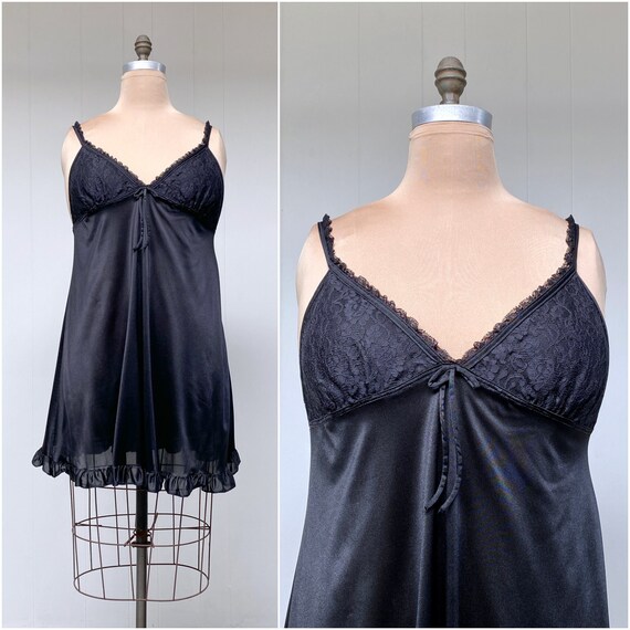 Vintage 1970s Black Baby Doll Nightgown, Lacy Volup L… Gem