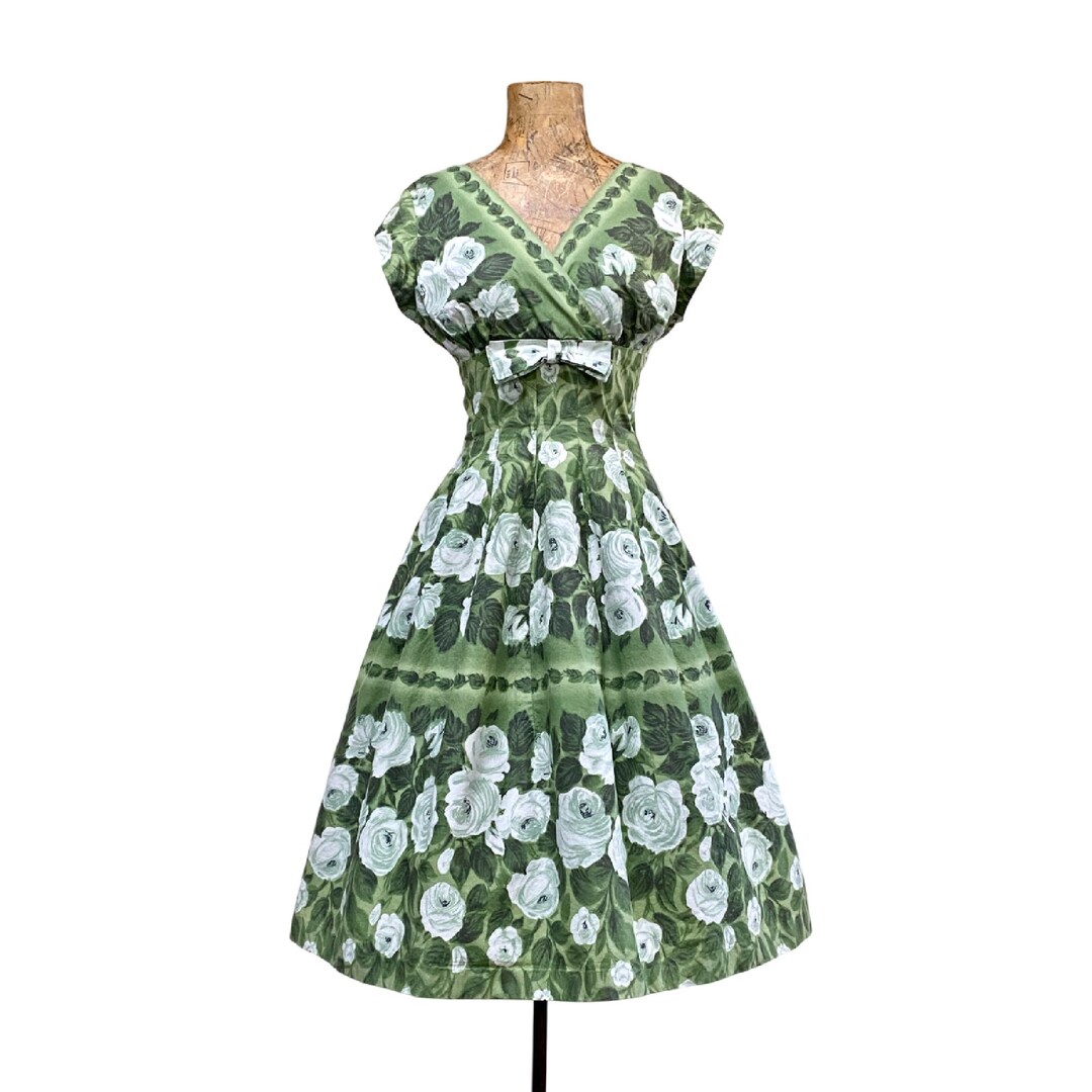 1950s Green Floral Day Dress