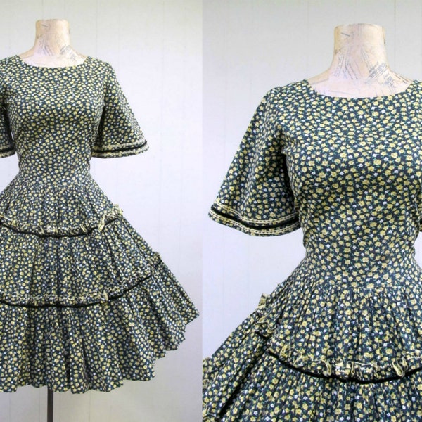 Vintage 1950s Square Dance Dress, Black/Yellow Cotton Calico Floral Print Full Skirt w/3 Tiers, Country Western, Size Small 34 Inch Bust