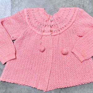 Vintage 1950s Pink Knit Bed Jacket, 50s Acrylic Swing Cardigan, Crochet Folk Sweater, Medium-Large, VFG image 9