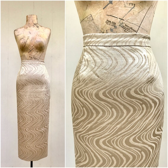 Vintage 1980s Gold Pencil Skirt, 80s Metallic Swir
