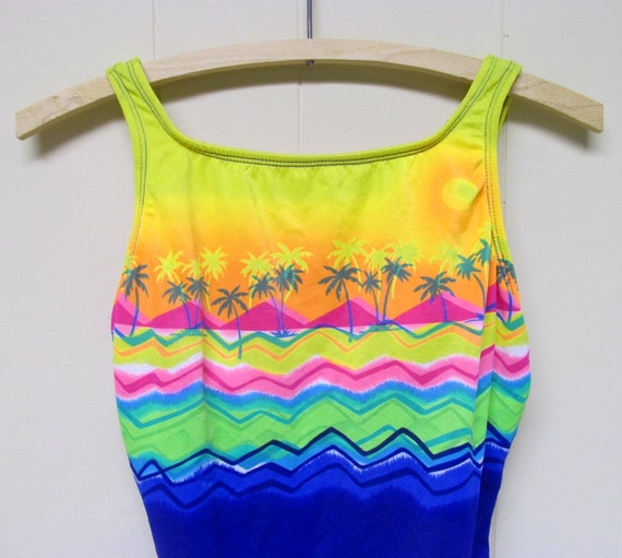 Vintage 1980s New Wave Swimsuit, Neon Tropical Is… - image 2