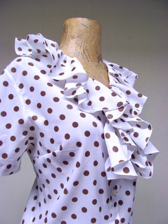 Vintage 1960s Polkadot Blouse, White Nylon Crepe … - image 6