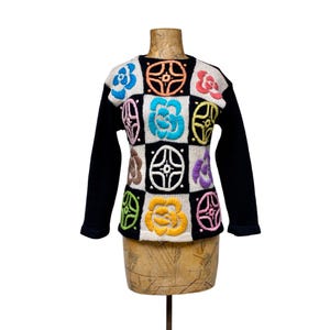 Vintage 1960s Mod Sweater, 60s Black and White Checkerboard w/ Floral Geometric Embroidery, Nicole San Francisco Wool Knit, Medium, VFG