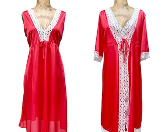 Vintage 1960s Mod Peignoir Set, Mid-Century Coral Nylon/Lace Sleeveless Nightgown/Robe, Summer Sleepwear, Deadstock, Medium 38" Bust, VFG